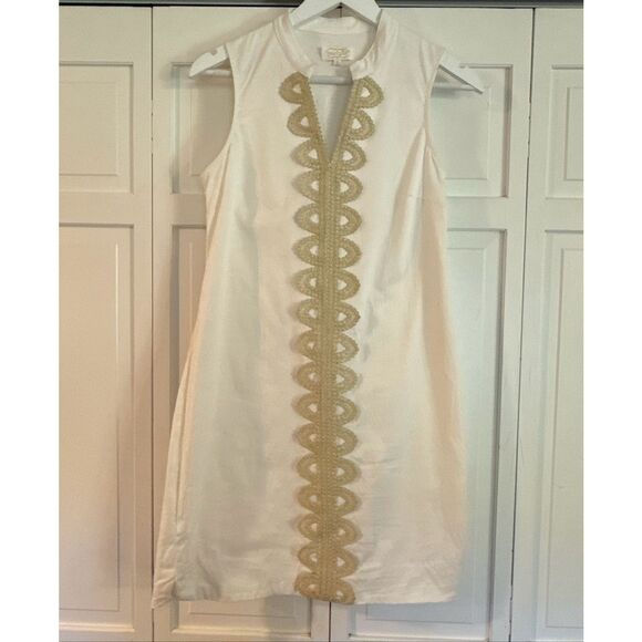 Mudpie Mia white embroidered gold shift dress size small - Picture 4 of 13